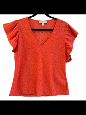 Michael Kors Orange Eyelet V-Neck Flutter Sleeve Top